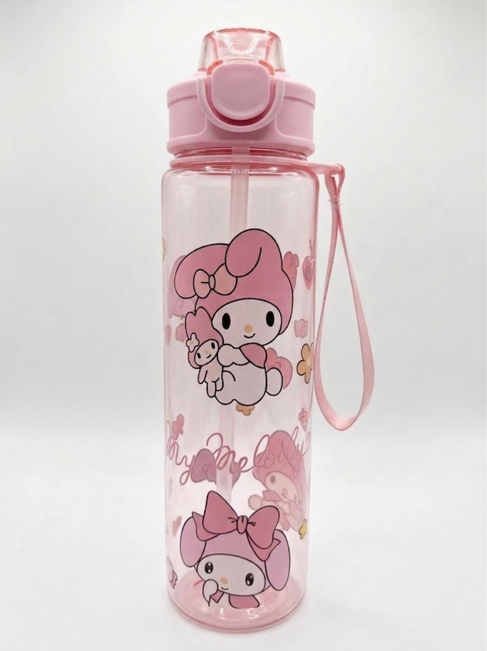 My Melody Pink Clear Kids Water Bottle with Straw and Strap